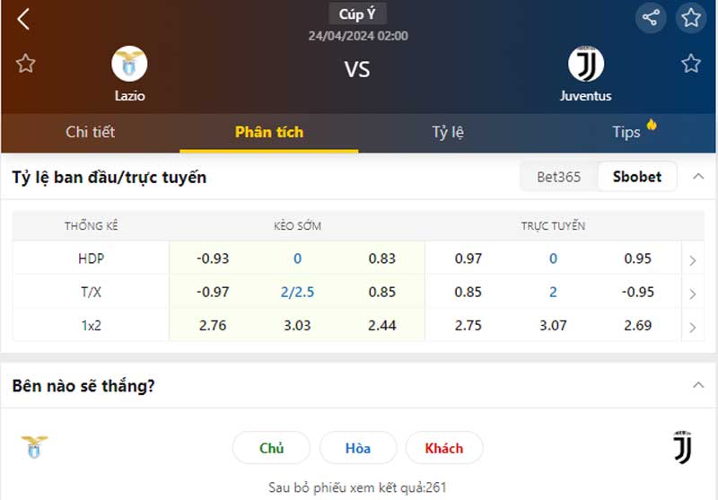 Tỷ lệ kèo Lazio vs Juventus